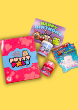 a pink count down calendar, a jar of sensory putty cloud putty, a bear taba and a birthday card all on a yellow background