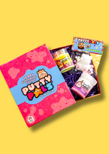 A pink countdown calendar with a jar of cloud putty, sensory putty and a taba squish all in a box on a yellow background