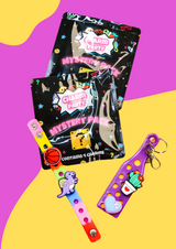 two packs of croc charms with two croc charm displays showing some charms on them in the shapes of hearts, dinosaurs and a basket ball