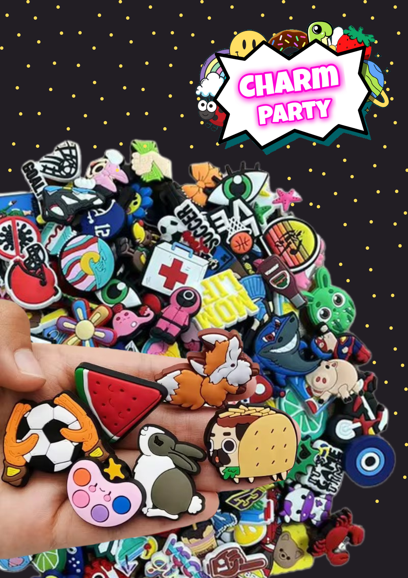 Charm party logo with a hand showing different croc charms on a background of different shaped croc charms