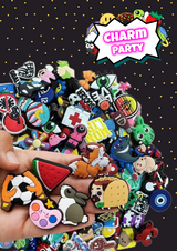 Charm party logo with a hand showing different croc charms on a background of different shaped croc charms