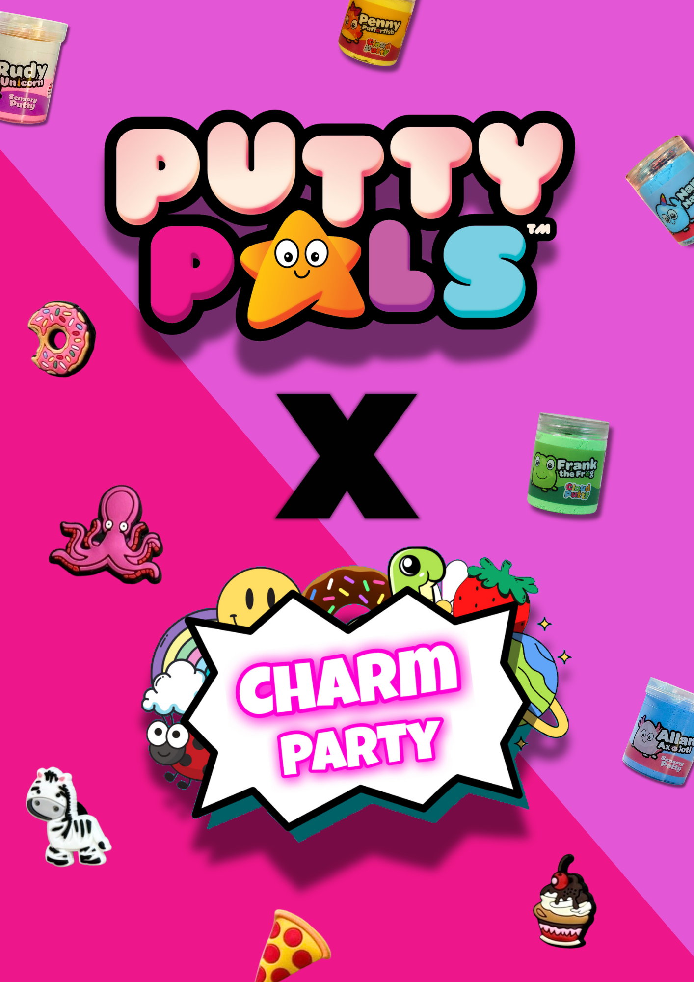 putty pals X charm party logos on a pink and purple background