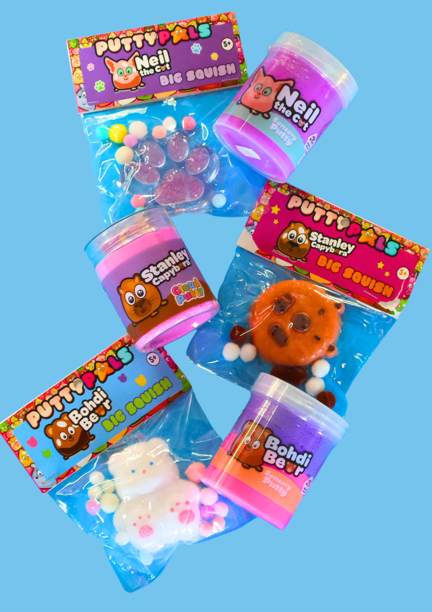 three different character taba squishies with the corresponding character sensory putty next to them all laid on a blue background 