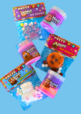three different character taba squishies with the corresponding character sensory putty next to them all laid on a blue background 