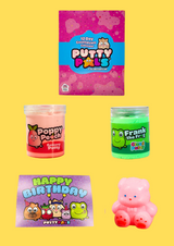 pink countdown calendar at the top with a jar of sensory putty and cloud putty under neath centralised and below a birthday card and a bear taba squish all on a yellow background