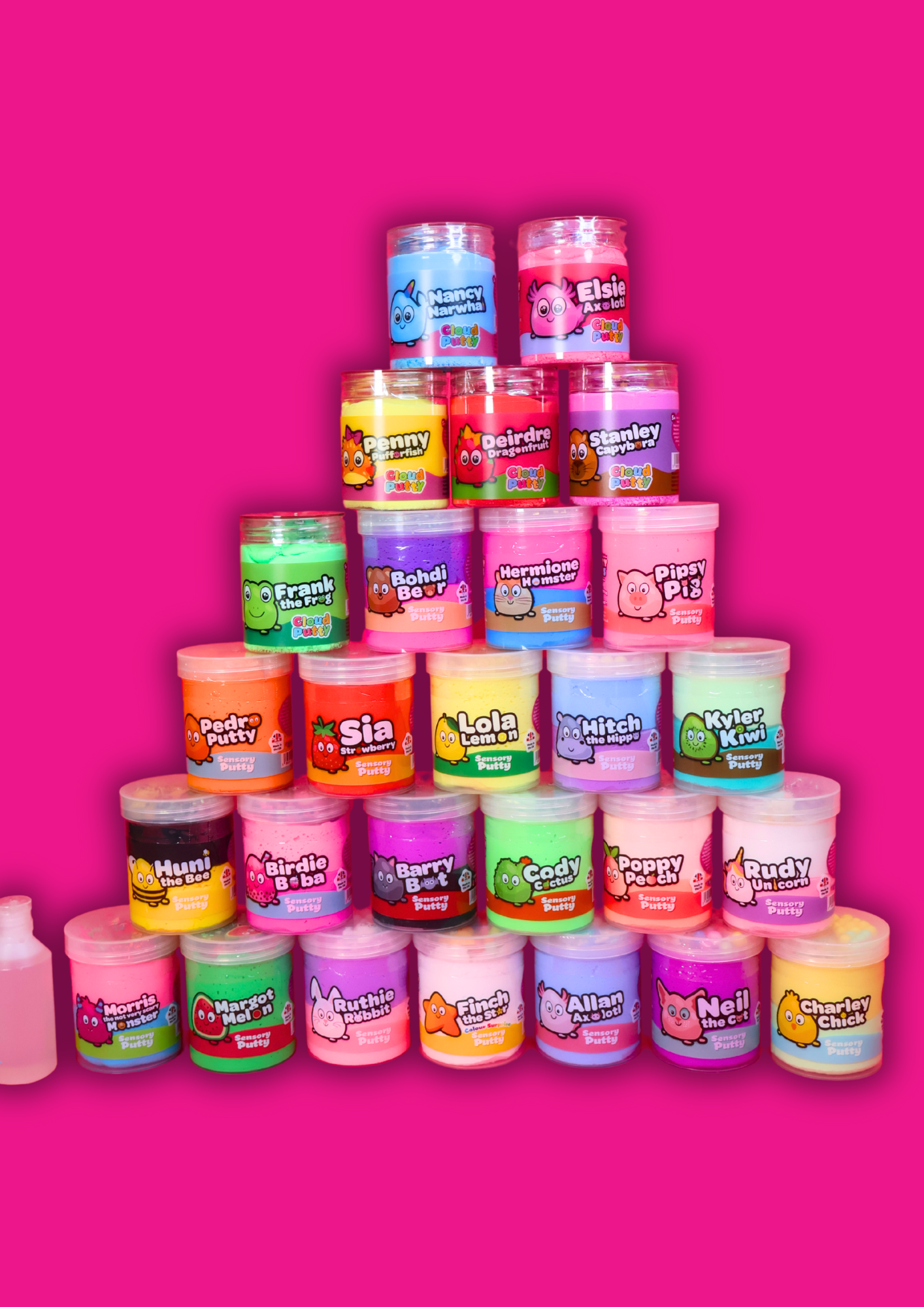 A large tower of different coloured jars of sensory putty with a drop shadow against a pink background