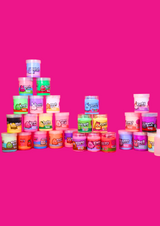 a tower of different coloured jars of cloud and sensory putty on a pink background