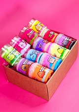 Box of 6 cloud putties and 6 sensory putties all colourful on a pink background