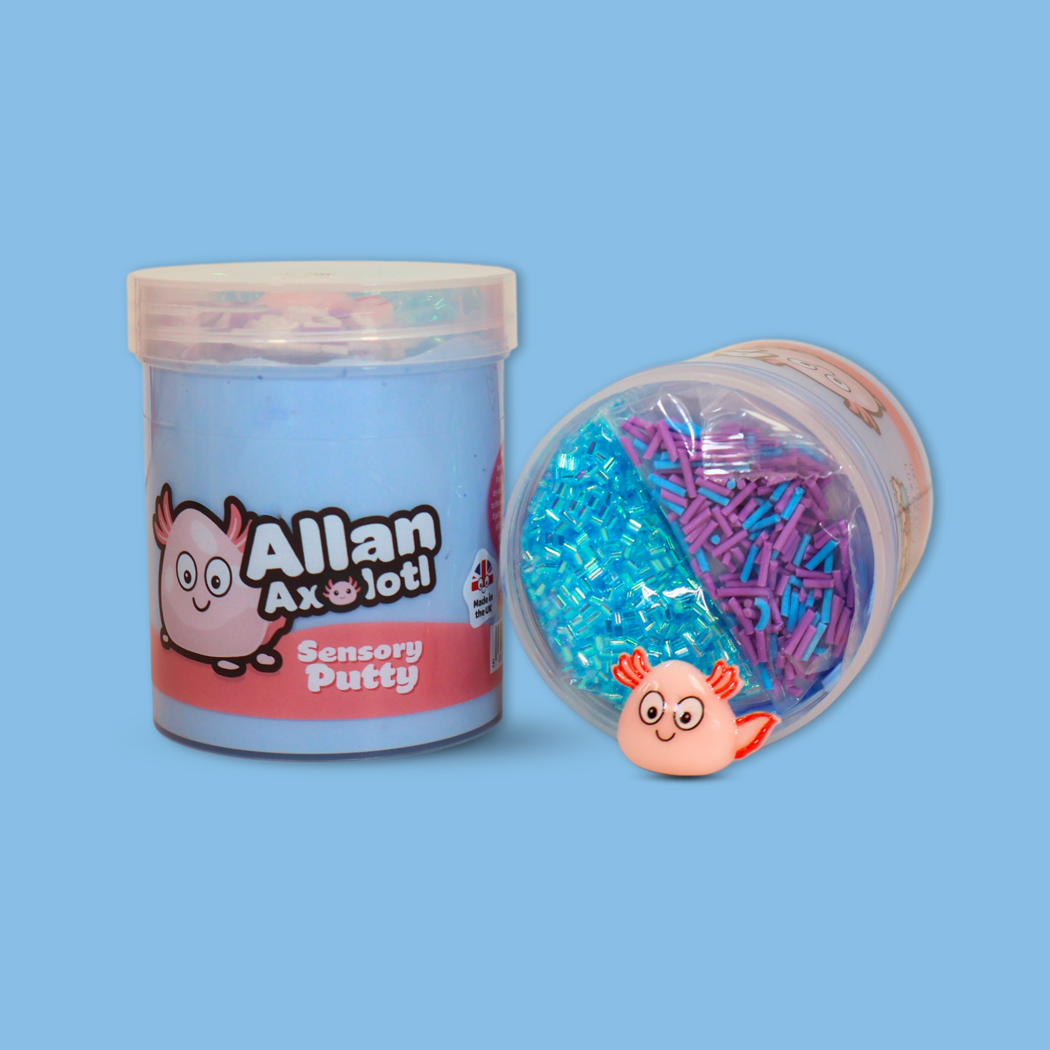 A jar of blue sensory putty called Allan Axolotl with a jar on its side next to it showing blue bingsu beads, clay sprinkles and an axolotl charm