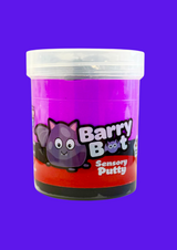 A jar of purple and black sensoy putty called Barry bat. A cartoon bat is next to the name on a purple background