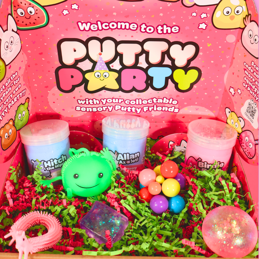 A pink box filled with 3 jars of sensory putty. A sugar filled ball and cube, an atom fidget toy, a light up fidget toy and a unicorn wrist band