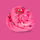 Light and dark pink swirled sensory putty. Decorated with pink and black bingsu beads and clay sprinkles. Small boba sprinkles and a large cartoon boba character are on the top