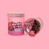 A jar of duo pink sensory putty named Birdie Boba, with a jar on its side showing bingsu beads, clay sprinkles and a boba charm