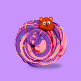 A purple and pink swirled sensory putty, decorated with multicoloured clay sprinkles and bingsu beads. A happy bear face charm is on the top right