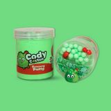 A jar of green sensory putty called Cody Cactus, a jar laid on its side next to it showing green floam balls, clay sprinkles and a cactus charm