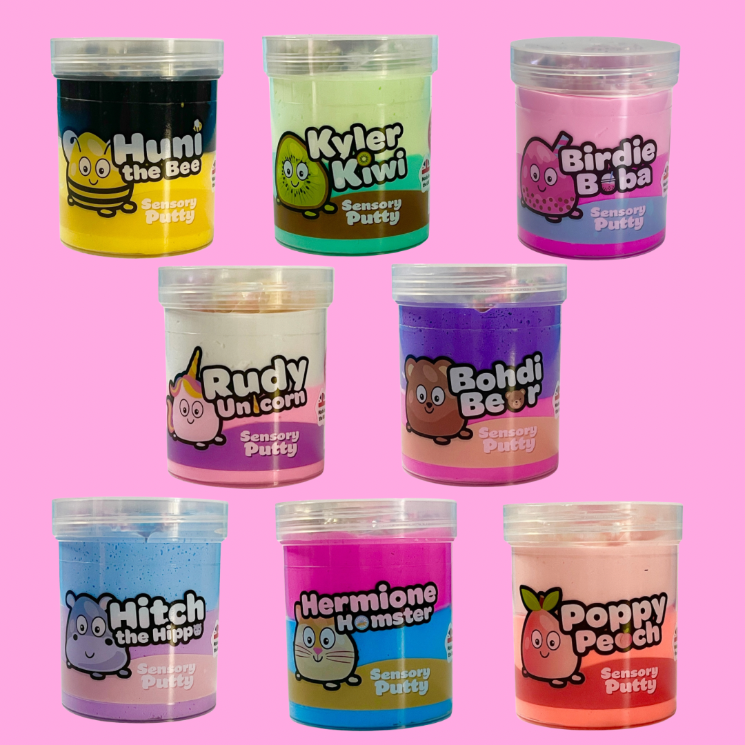 8 jars of duo coloured putties all named differently, all different colours, on a pink background