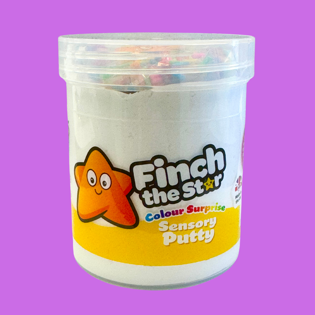 a jar of white sensory putty called Finch the star, a cartoon star on the side with the text colour surprise sensory putty is on the front. 