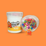 A jar of white putty with the name Finch the Star, colour surprise sensory putty. A jar laid on its side show multi-coloured floam balls, clay sprinkles and a star charm