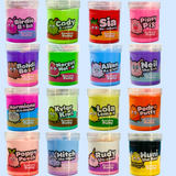 all 16 jars of colourful sensory putty from putty pals, all characters are different. They are aligned in to 4 columns with 4 rows.