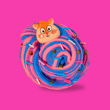 A pink and blue swirled sensory putty decorated with gold bingsu beads and white,blue and pink clay sprinkles. A larger cartoon hamster charm is top left of the swirl