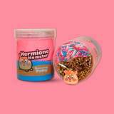 A jar of pink and blue sensory putty named Hermione Hamster with a cartoon hamster. Alongside a jar on its side showing gold bingsu beads, clay sprinkles and a hamster charm