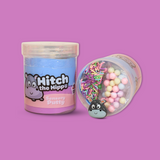 A jar of pastel blue and purple sensory putty called Hitch the Hippo. A jar on its side shows colourful floam balls, clay sprinkles and a hippo charm