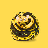 a yellow and black swirled sensory putty, decorated with black bingsu beads, yellow and black clay sprinkles and a large cartoon bee charm in the middle