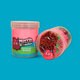 A jar of pink and blue sensory putty names Morris Monster, a jar laid on the side showing bingsu beads, clay sprinkles and a monster charm