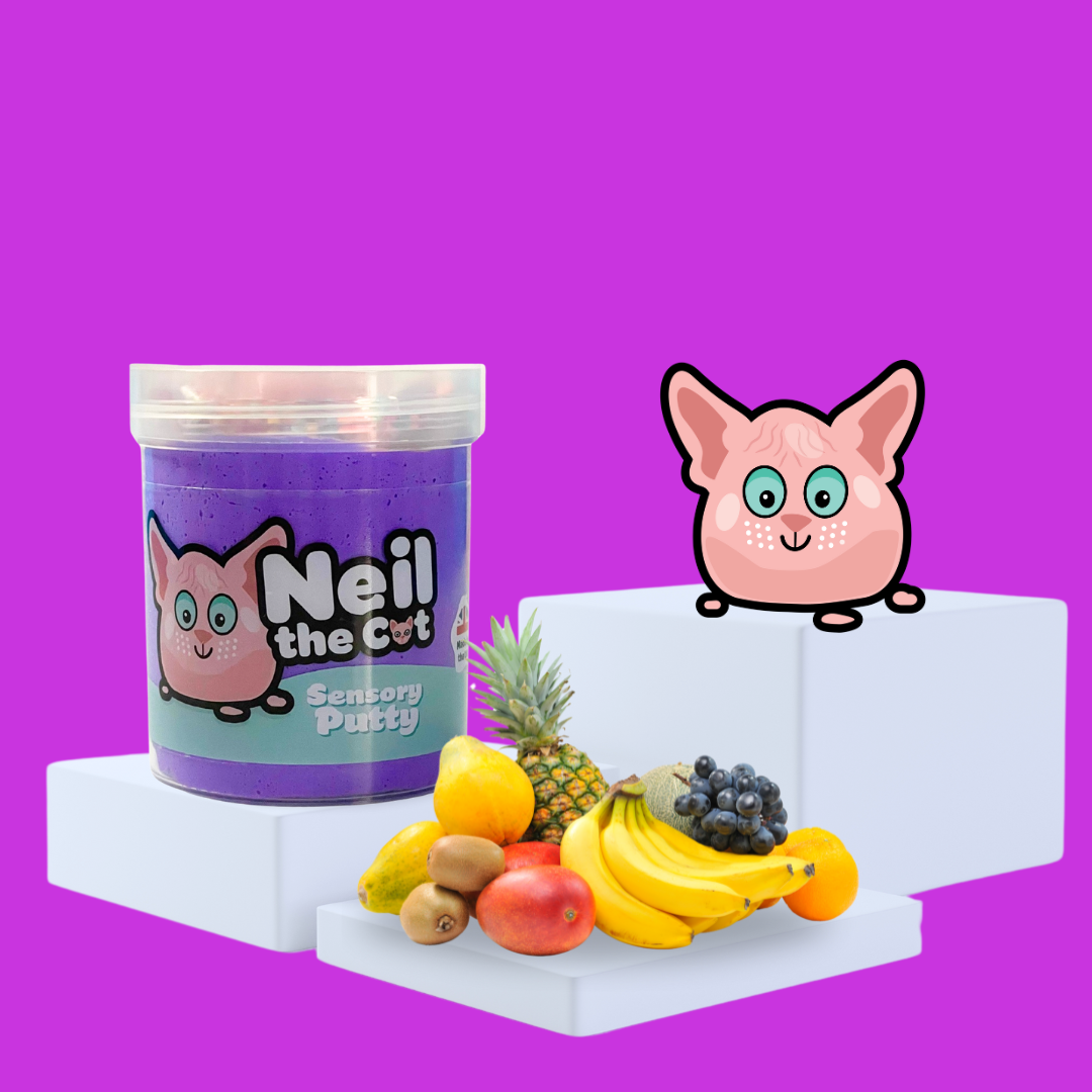 Purple sensory putty on a plinth, collectable charm Neil the Cat to the side, with some tropical fruit showcasing the scent