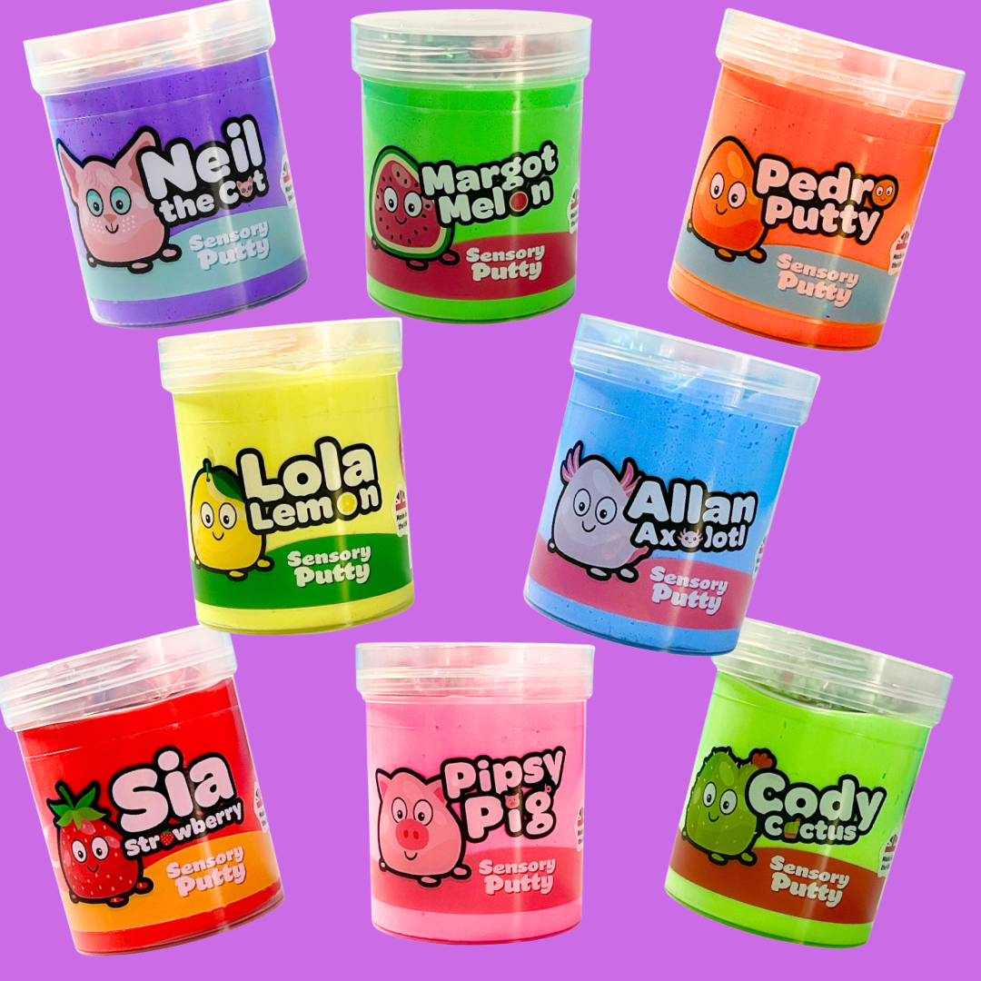 8 single jars of single colour sensory putty all named differently and coloured differently laid out on a purple background