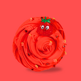 Red swirled sensory putty decorated with red bingsu beads, clay sprinkles, clay strawberries and a cartoon strawberry in the middle, all on a red background