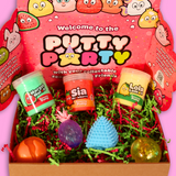 a pink box filled with 3 sensory putties, 2 sugar filled fidget toys, a squishy tangerine and a blue spiky triangle